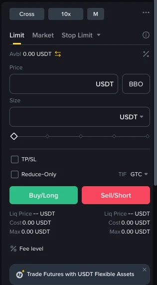 Binance səhm perpetual müqaviləsində long və short sifariş paneli