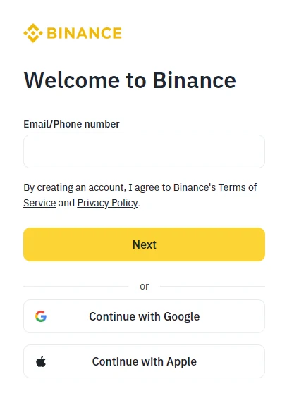 Binance qeydiyyat səhifəsində e-poçt və telefonla hesab yaratma seçimləri