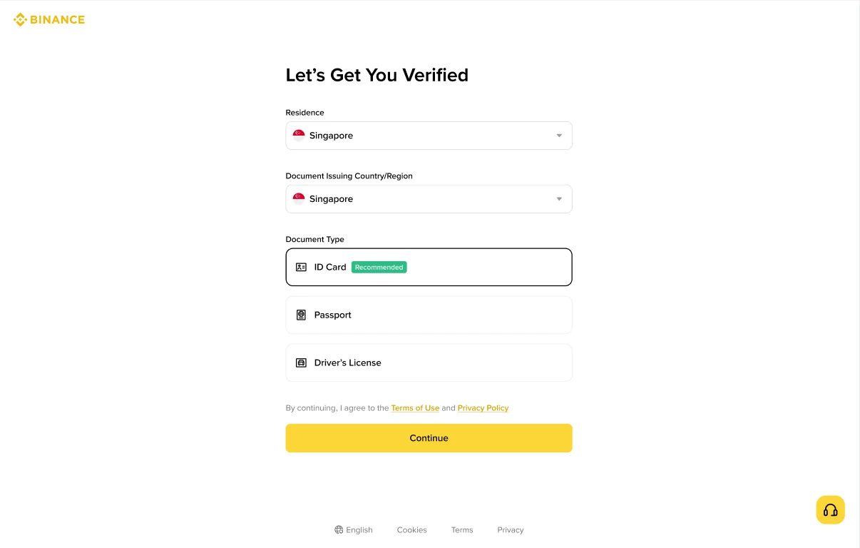 Binance KYC prosesində yaşayış ölkəsi və sənəd növünün seçilməsi ekranı
