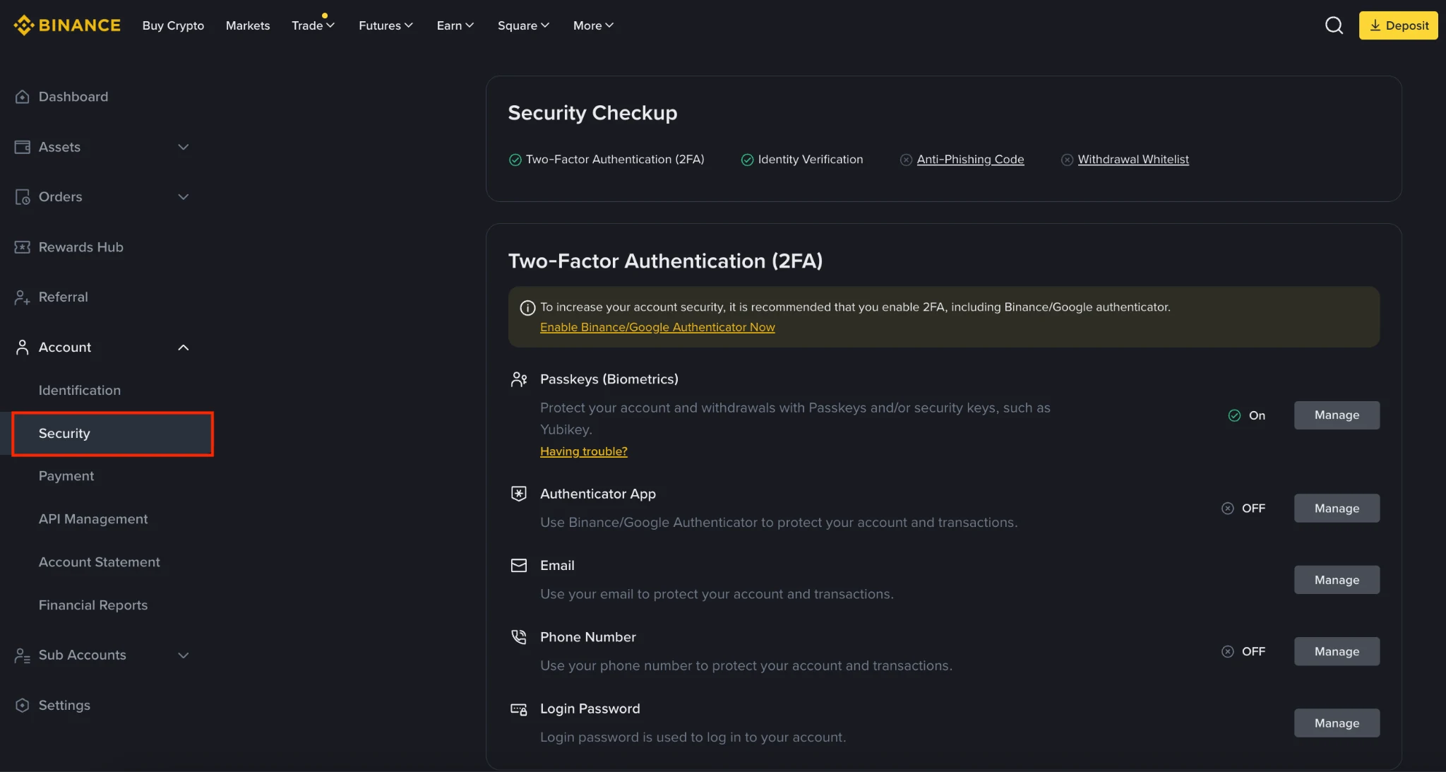 Binance hesabının təhlükəsizlik idarəetmə bölməsi