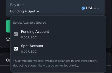 Binance Stocks sifarişi üçün hesab və ödəniş aktivinin seçildiyi rəsmi ekran