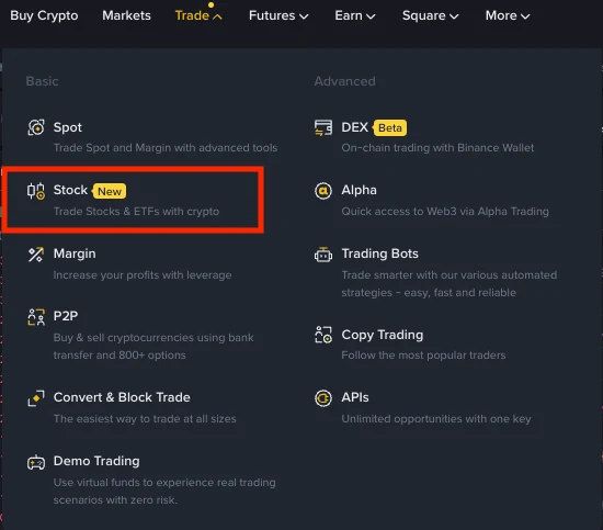 Binance tətbiqində Stocks bölməsinə keçidi göstərən rəsmi ekran