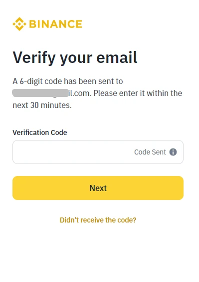 Binance e-poçt təsdiqində altı rəqəmli kodun daxil edilməsi ekranı
