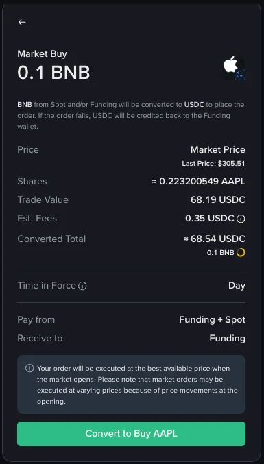 Binance Stocks Market Buy sifarişinin qiymət, səhm sayı, haqq və DAY müddəti göstərilən yekun baxış ekranı