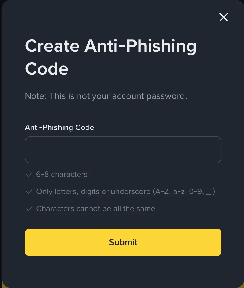 Binance fişinq əleyhinə təhlükəsizlik funksiyasının rəsmi ekranı
